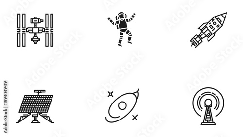 Galactic Explorers: A comprehensive icon set depicting the wonders of space exploration, including the International Space Station, a cosmonaut, rockets, a satellite, galaxies, and signal towers.