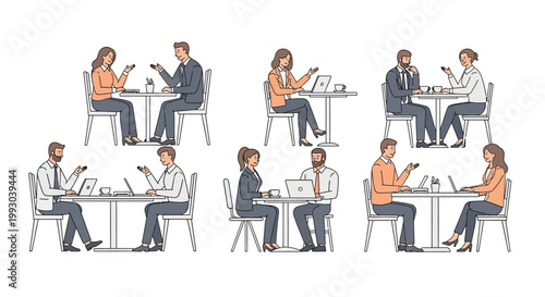 Diverse people working remotely with laptops and phones in a cafe setting