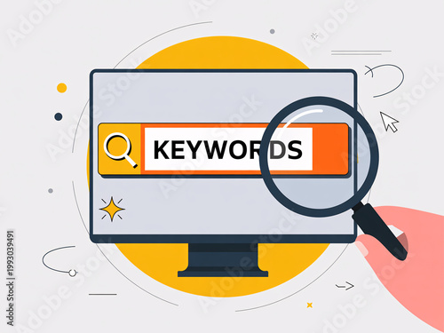 A graphic illustration of a computer monitor with a magnifying glass searching for keywords on a colorful background