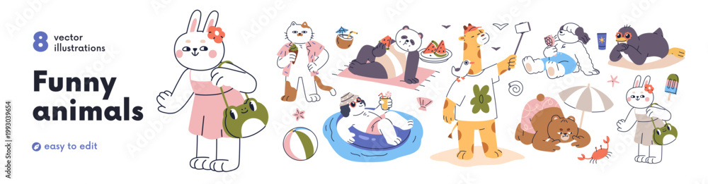 Fototapeta premium Funny animals at summer beach vacation. Set of cute bear, cat, giraffe, baby characters relaxing at tropical sea resort, swimming and sunbathing. Flat vector illustration isolated on white background