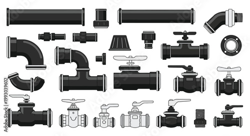 Collection of black pipe fittings and valves isolated on a white background