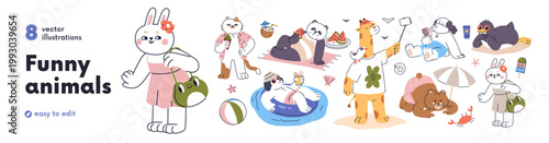 Funny animals at summer beach vacation. Set of cute bear, cat, giraffe, baby characters relaxing at tropical sea resort, swimming and sunbathing. Flat vector illustration isolated on white background