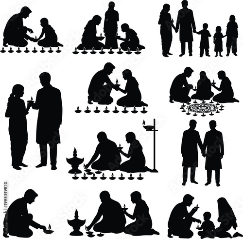 Festival silhouettes of people lighting lamps, cultural tradition, family togetherness, Diwali celebration, ritual ceremony, communal harmony, festive ritual, cultural heritage