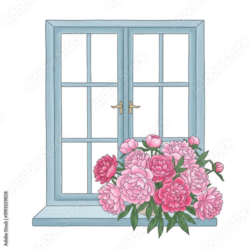 A window sill adorned with vibrant blooming flowers in front of a blue frame