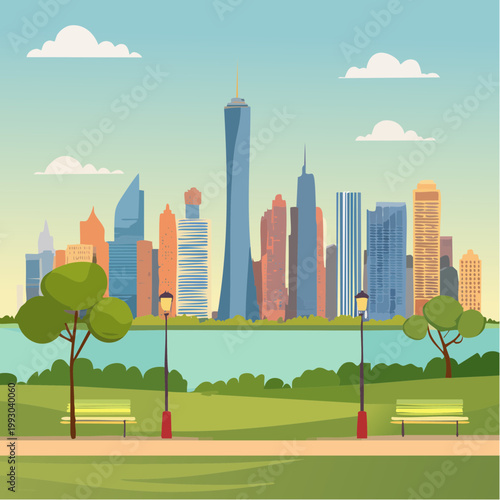 Modern city skyline vector illustration from a public park view