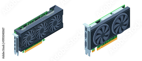 3D isometric video graphic card. Video graphics card for cryptocurrency mining or gaming. GPU graphic card illustration. Personal computer hardware components