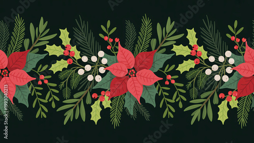 A vibrant Christmas floral arrangement with red poinsettias, green leaves, and berries on a dark background