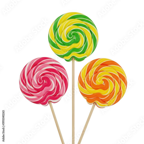Three vibrant lollipops with swirled candy designs on sticks.