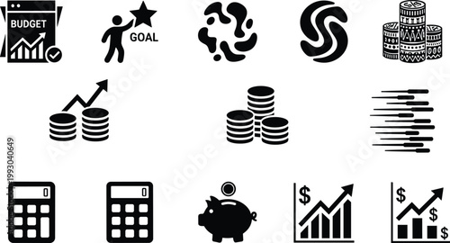 Financial business icons with budget document, savings piggy bank, investment growth coins, calculator, bar chart, upward arrow, economic planning illustration