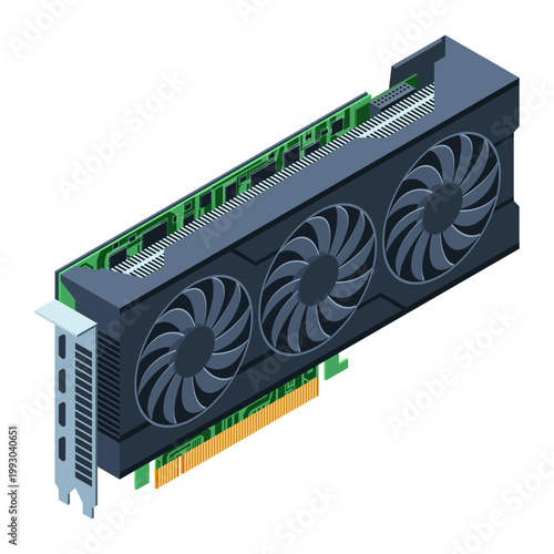 3D isometric video graphic card. Video graphics card for cryptocurrency mining or gaming. GPU graphic card illustration. Personal computer hardware components