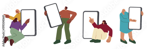 People interacting with smartphones and tablets social media flat design smartphone technology interaction communication pointing touchscreen connection information application business