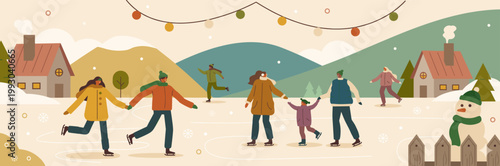 Winter scene with people enjoying outdoor activities ice skating flat design activity landscape celebration christmas sledding recreation childhood togetherness mountain snowfall colorful
