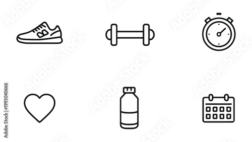 Fitness Icon Set: A collection of meticulously crafted, minimalist icons, symbolizing key components of a balanced, active, and healthy lifestyle.