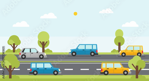 Flat design cars driving on road with trees and clouds, urban landscape