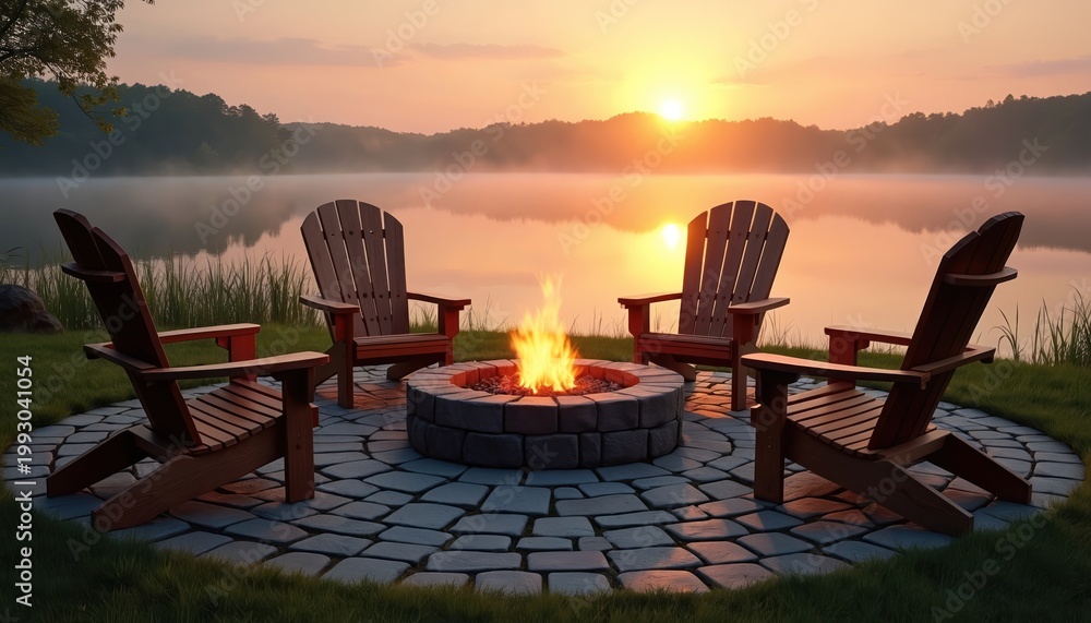 Fototapeta premium Wooden Adirondack chairs surround a stone fire pit by a calm lake at sunrise. Warm fire glows with gentle mist rising off water. Peaceful morning scene with vibrant sky, perfect nature retreat.