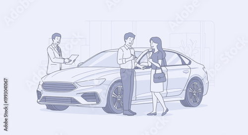 Couple buys new car, consultant shows details, modern dealership interior