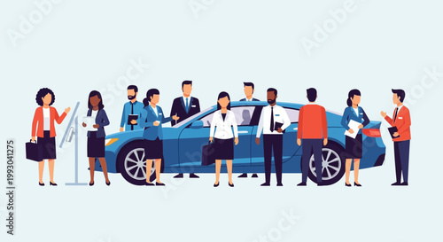 Diverse Business Team Showcasing New Blue Sedan Car at Dealership