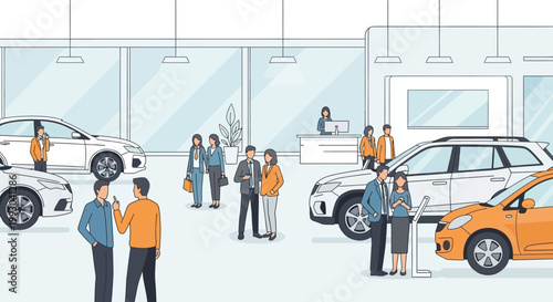 Diverse customers browsing new cars at a bright, modern dealership showroom with sales staff