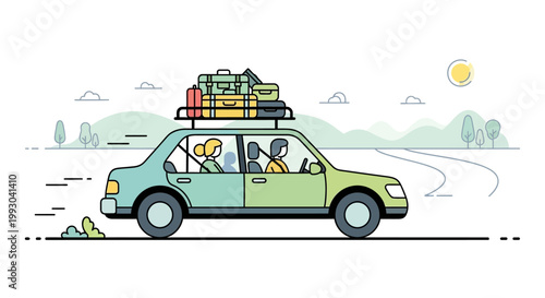 Family Road Trip: Car Packed With Luggage Traveling on Scenic Route