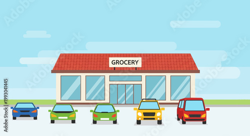 Grocery store facade with cars parked in front, flat design, retail building exterior