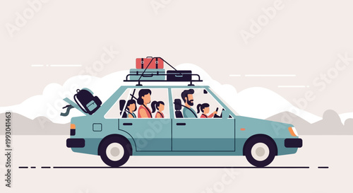 Family Road Trip: People Traveling in Car with Luggage and Backpacks