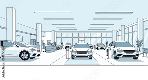 Modern Car Dealership Showroom Interior with New Vehicles Displayed