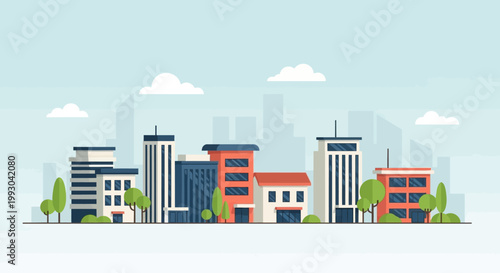 Flat Design Cityscape with Modern Buildings and Trees Under Cloudy Sky