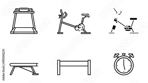 Gym Equipment and Timer Icons: A set of six monochrome illustrations of common gym equipment and a timer. This collection highlights the essential tools for fitness enthusiasts and gym goers.