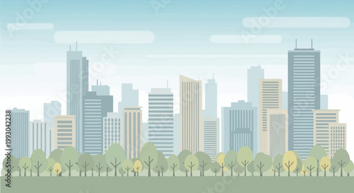 Modern city skyline with trees and clouds, flat design illustration