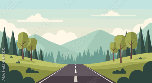 Flat design landscape with road leading to mountains, trees, and clouds.
