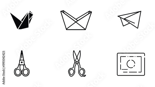 Origami and Papercraft Essentials: A minimalist depiction of origami and papercraft elements, showcasing essential tools and finished creations.