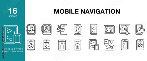 Mobile Navigation icon set. Includes mobile, navigation, gps, map, location, tracking, route and More. Editable Stroke Icon Collection.
