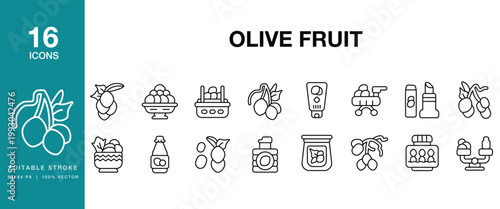 Olive Fruit icon set. Includes olive, fruit, green, black, fresh, ripe, brine, oil and More. Editable Stroke Icon Collection.