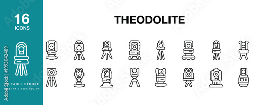Theodolite icon set. Includes theodolite, surveying, instrument, measurement, angle, tripod and More. Editable Stroke Icon Collection.