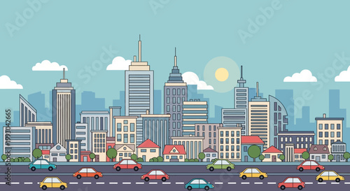 Modern Cityscape with Cars on Road - Flat Illustration