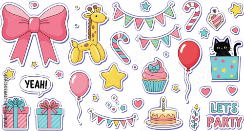 Canvas Print Cute birthday party stickers set with balloons cake gifts bow cat and festive de