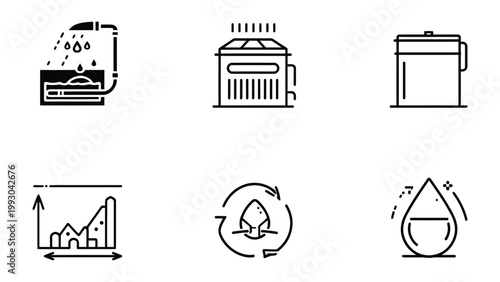 Diverse Eco-Icons: Collection of various monochrome icons representing environmental concepts, sustainable practices, and eco-friendly technologies.