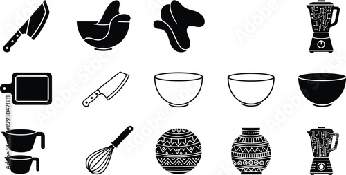 Kitchen utensil silhouettes with cleaver knife, mortar pestle, blender, cutting board, whisk, measuring cups, bowls, patterned container, cooking tool illustration