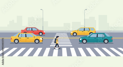 Pedestrian Crossing Street Safely Amidst Traffic Flow