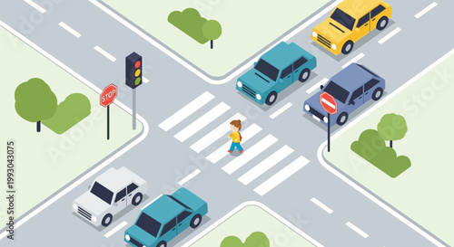 Pedestrian crossing street at busy intersection with cars and traffic light