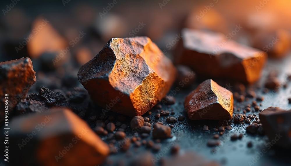 Naklejka premium Close up of rough iron ore rocks. Natural mineral deposit brown and orange texture. Raw material for steel production. Heavy industry element.