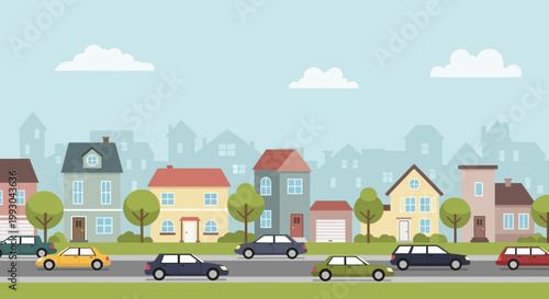 Suburban street scene with colorful houses, cars, trees, and a hazy sky.