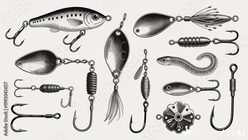 Minimalist Fishing Lures and Hooks Illustration Set – Vintage Line Art Collection
