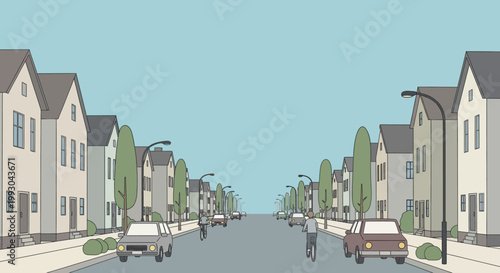 Suburban street scene with houses, cars, and people cycling under a clear blue sky.