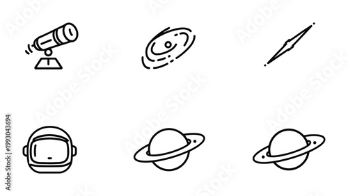 Cosmic Icons: A collection of simple black and white vector illustrations depicting astronomical elements such as telescope, galaxy, meteorite, astronaut helmet, and planets.