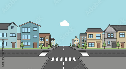 Suburban street with houses, crosswalks, and trees under a blue sky with a cloud.