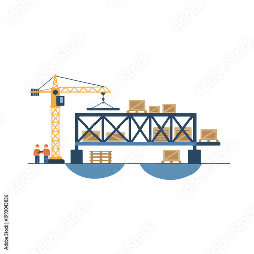 This vector illustration shows an industrial site where a yellow tower crane is used to move various wooden crates onto a large metal structure.