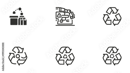 Recycling Icons: Set of recycling icons in black and white, depicting sustainable practices for environmental consciousness. 