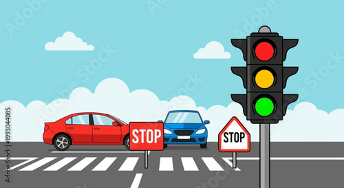 Traffic light, cars and stop signs at crosswalk, urban intersection