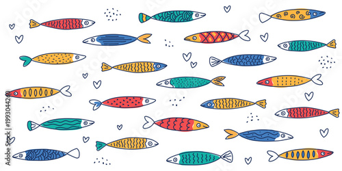 Mediterranean Sardines Illustration Collection in Cute Hand Drawn Doodle Style, Colorful Coastal Seafood Fish Set for Restaurant Menu Design, Packaging, Kitchen Decor and Gourmet Branding